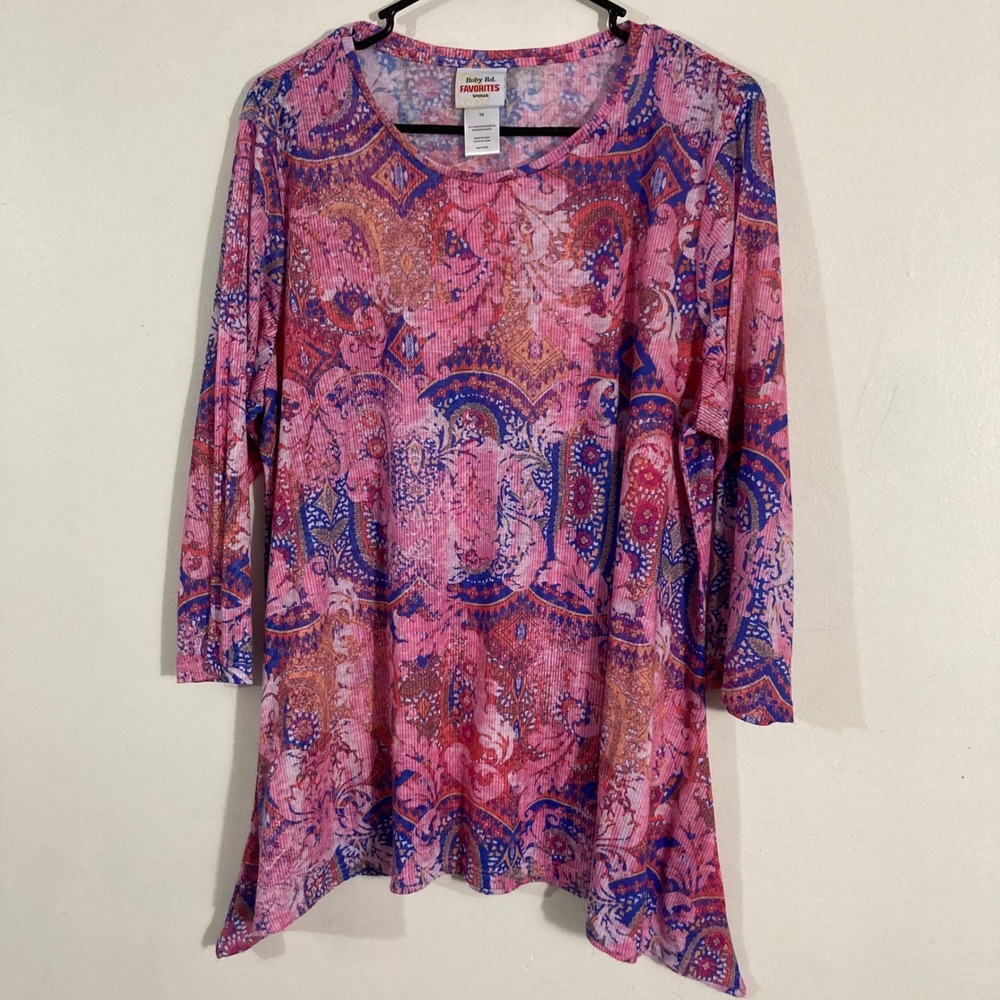 Ruby Rd Tunic Top Womens 1X Pink Multi Paisley Sharkbite BOHO CASUAL